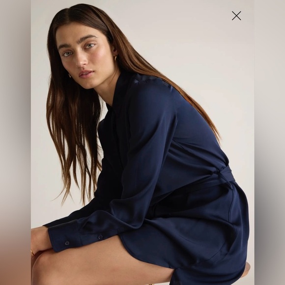 Quince Washable Stretch Silk Shirt Dress in Navy - large - Picture 3 of 7